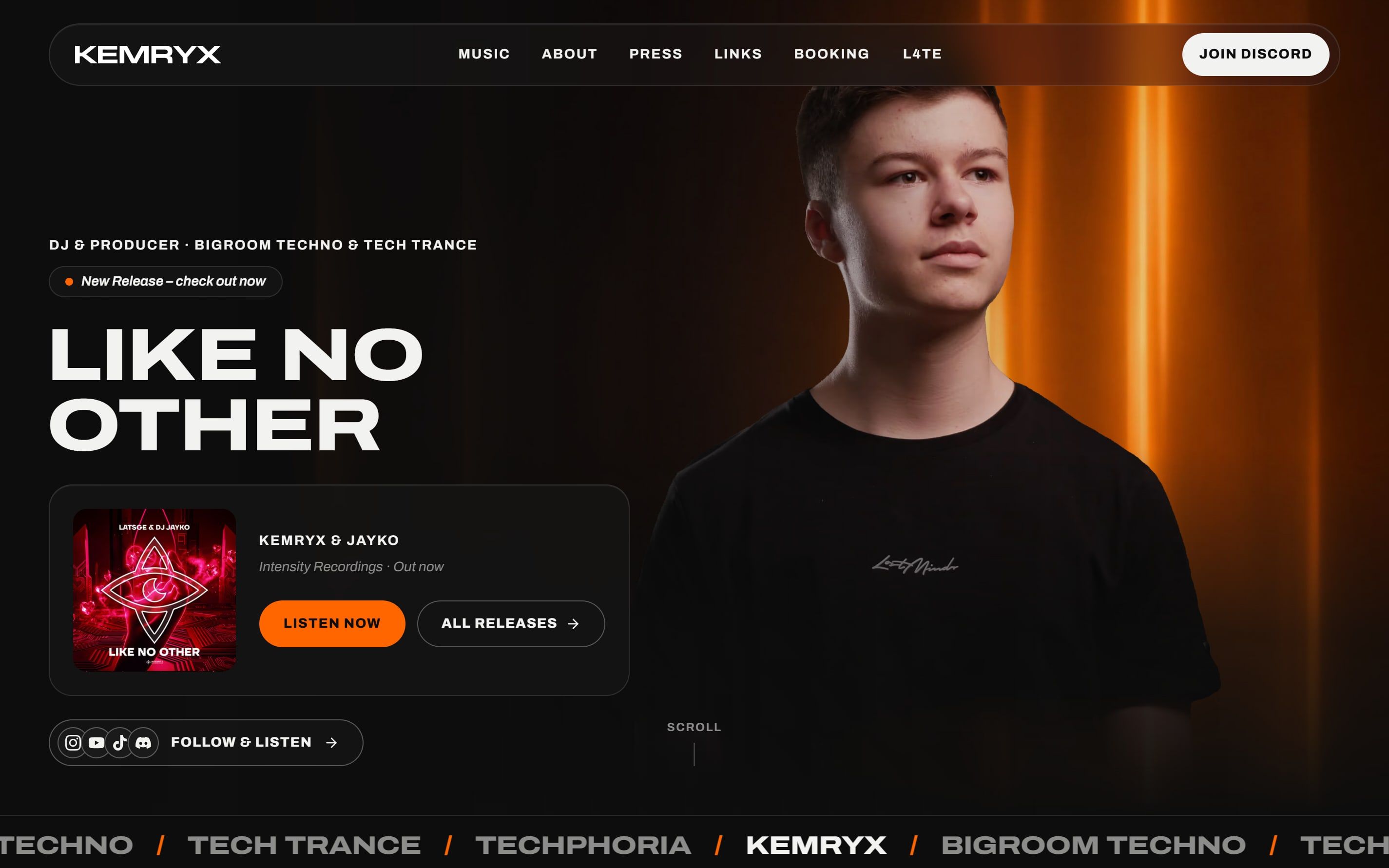 The kemryx.com homepage on desktop: Tobi in front of orange light stripes, next to it the current release Like No Other with Listen now and All releases