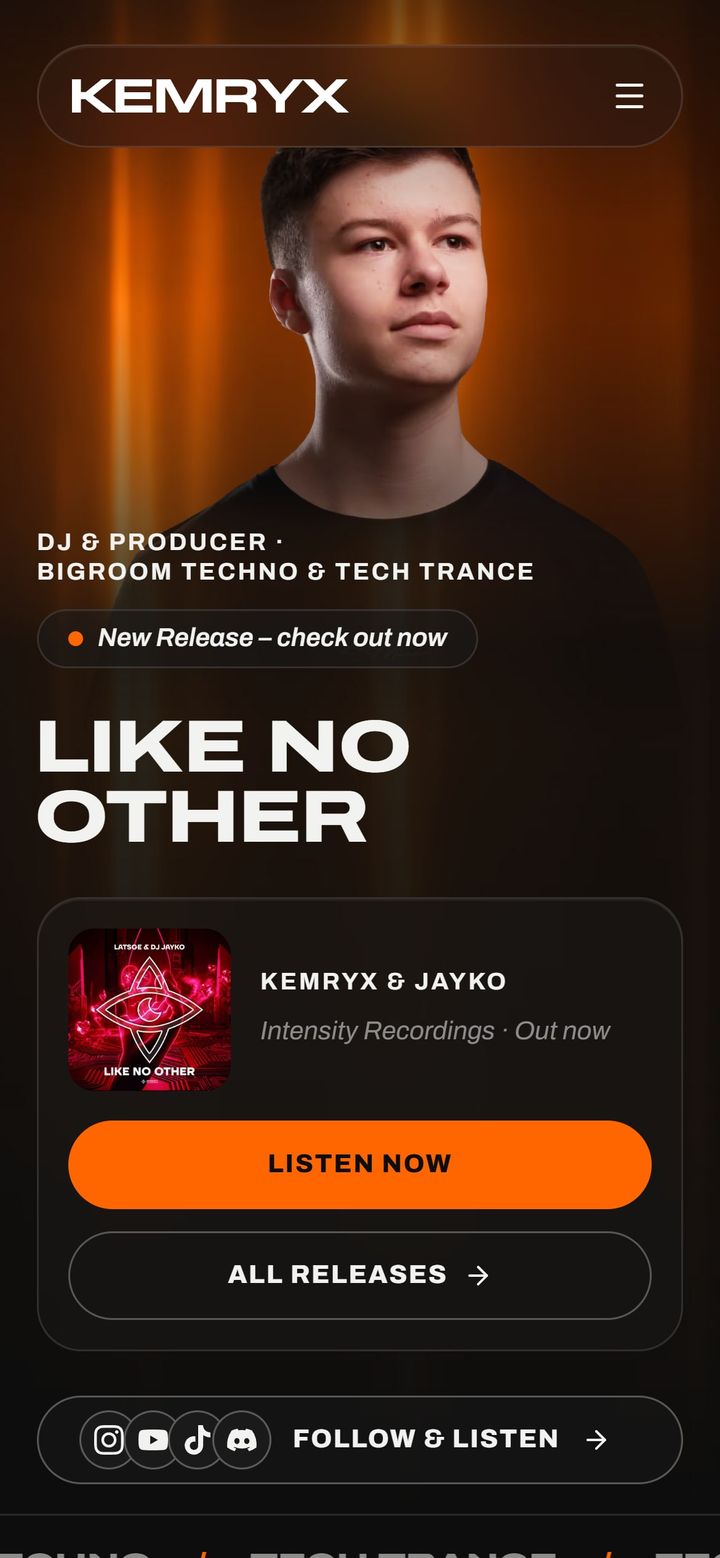 The kemryx.com homepage on a phone, with the current release under the portrait