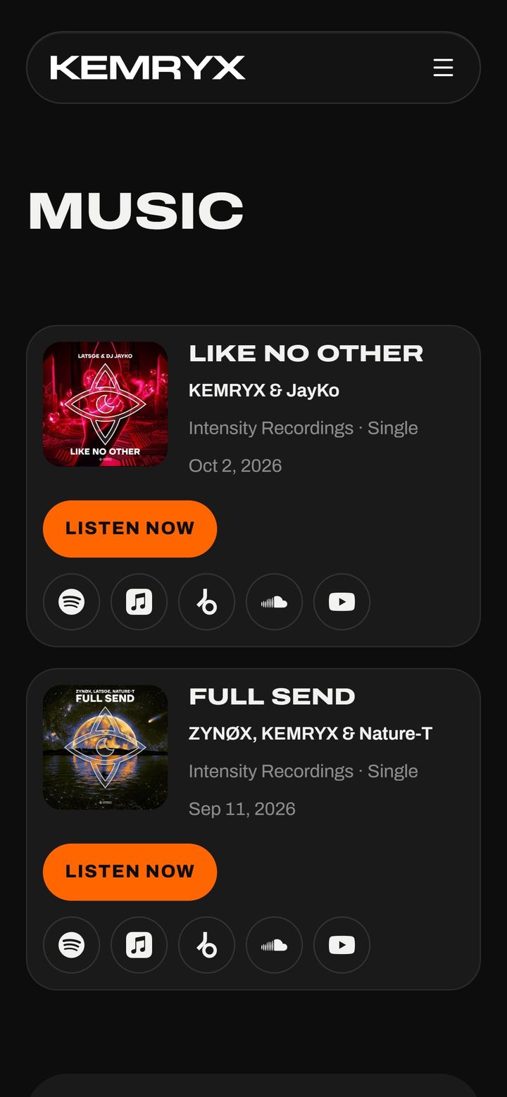 The music page of kemryx.com on a phone, with two released singles and their streaming links