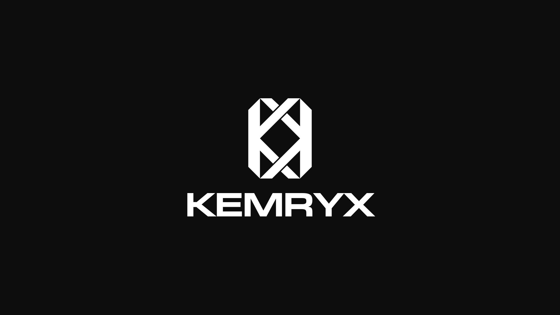 The KEMRYX stacked lock-up, a white octagonal mark above the wordmark, centered on black