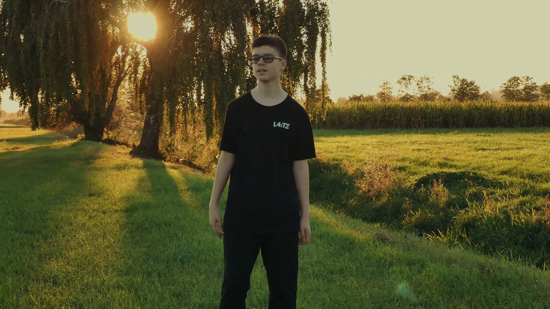Stars Align, poster frame: Tobi standing in a meadow under a willow with the sun behind him